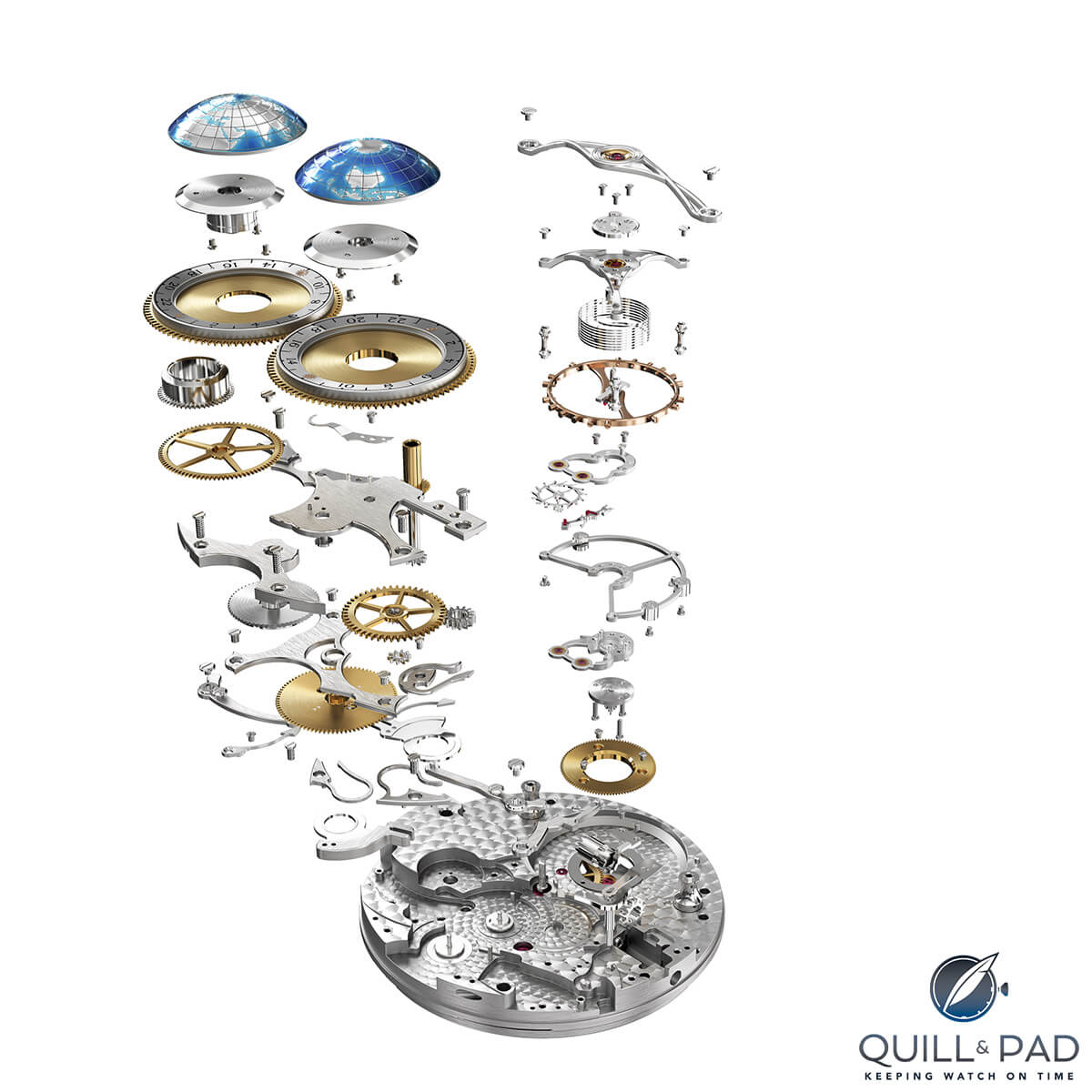 Exploded view of Montblanc Caliber 68.40, which powers the Tourbillon Cylindrique Geosphères Vasco da Gama