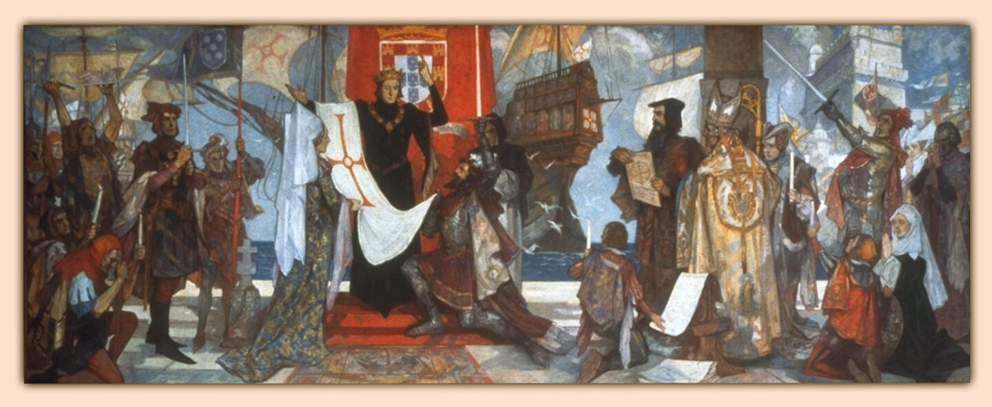 Mural by John Henry Amshewitz of Vasco da Gama leaving Portugal. In the painting, Abraham ben Samuel Zacuto is shown presenting his astronomical tables to da Gama before his departure from Lisbon in 1497. The mural resides in the William Cullen Library at the University of the Witwatersrand (photo courtesy University of the Witwatersrand, Johannesburg)