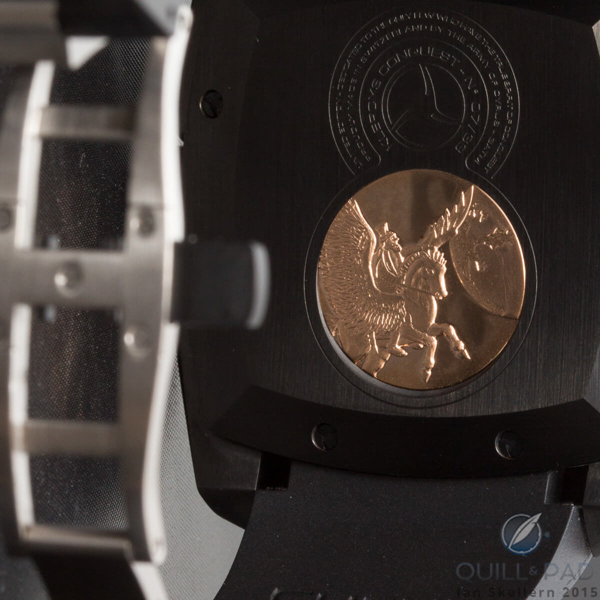 This hand-engraved medallion on the back of the Cyrus Klepcys Mars depicts Cyrus on a winged horse setting off to conquer the planet Mars; this is a copy of an actual coin dated from Cyrus the Great's rule more than 2,500 years ago