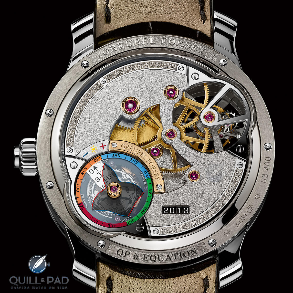 View through the display back of the Greubel Forsey Quantième Perpétuel à Équation. The Equation of Time