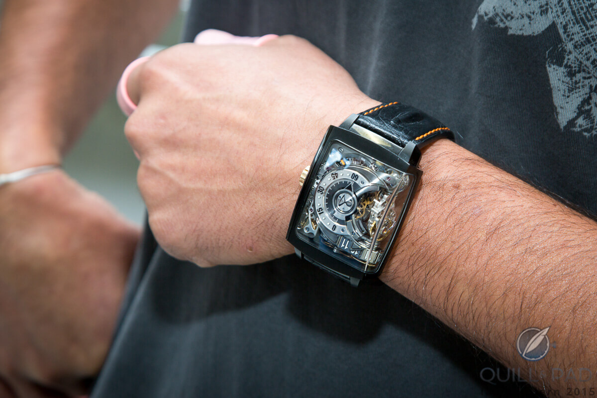 Hautlence HL2.0 on the wrist; this model's regulator runs perpendicular to the arm, while in the Vortex the movement is rotated 90° so that the regulator is parallel to the arm