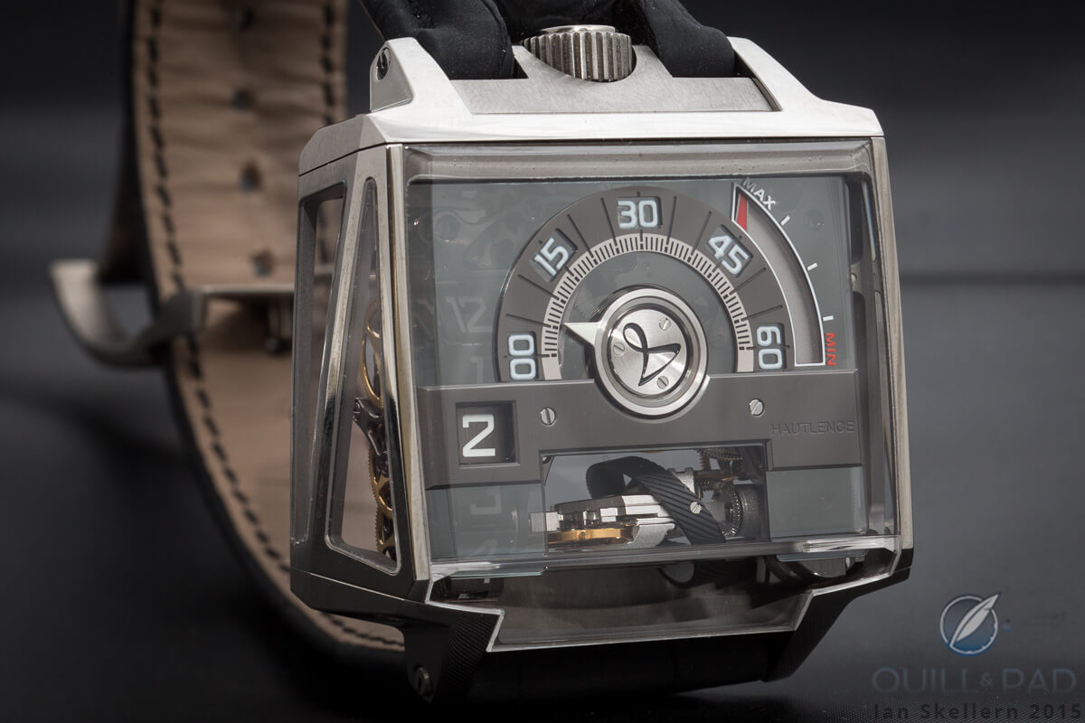 If you look carefully, you can see through the smoky crystal dial of the Hautlence Vortex to the movement below