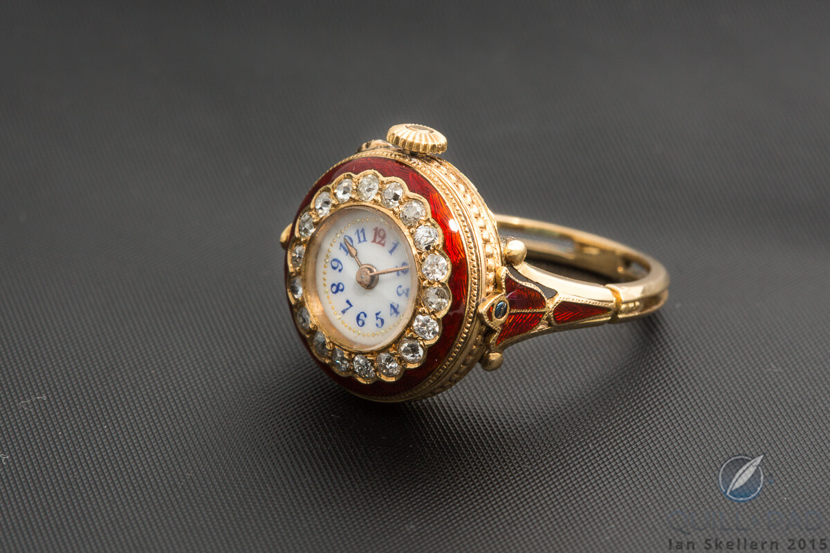 Jaeger-LeCoultre ring watch with enamel (Bordeaux-colored) on the case and dial (ivory-colored grand feu)