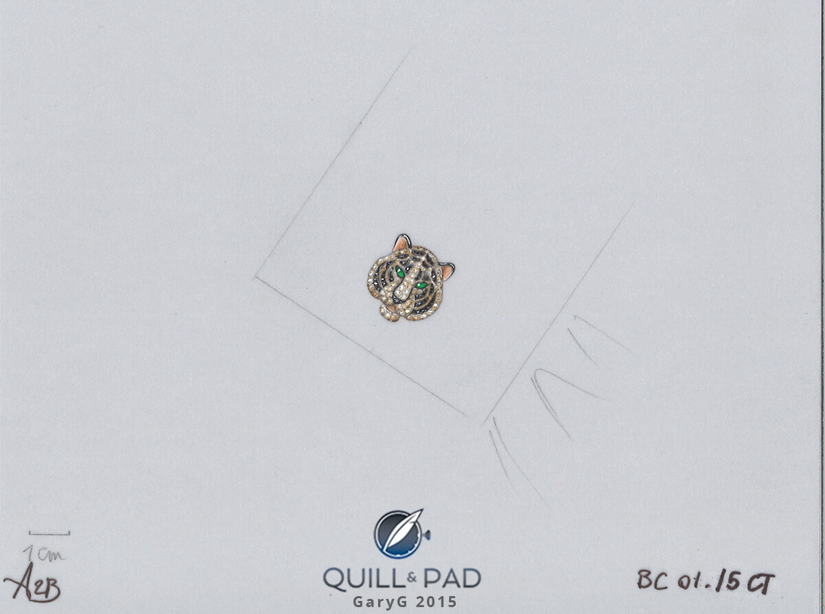 Design drawing for bespoke Boucheron tiger cufflinks