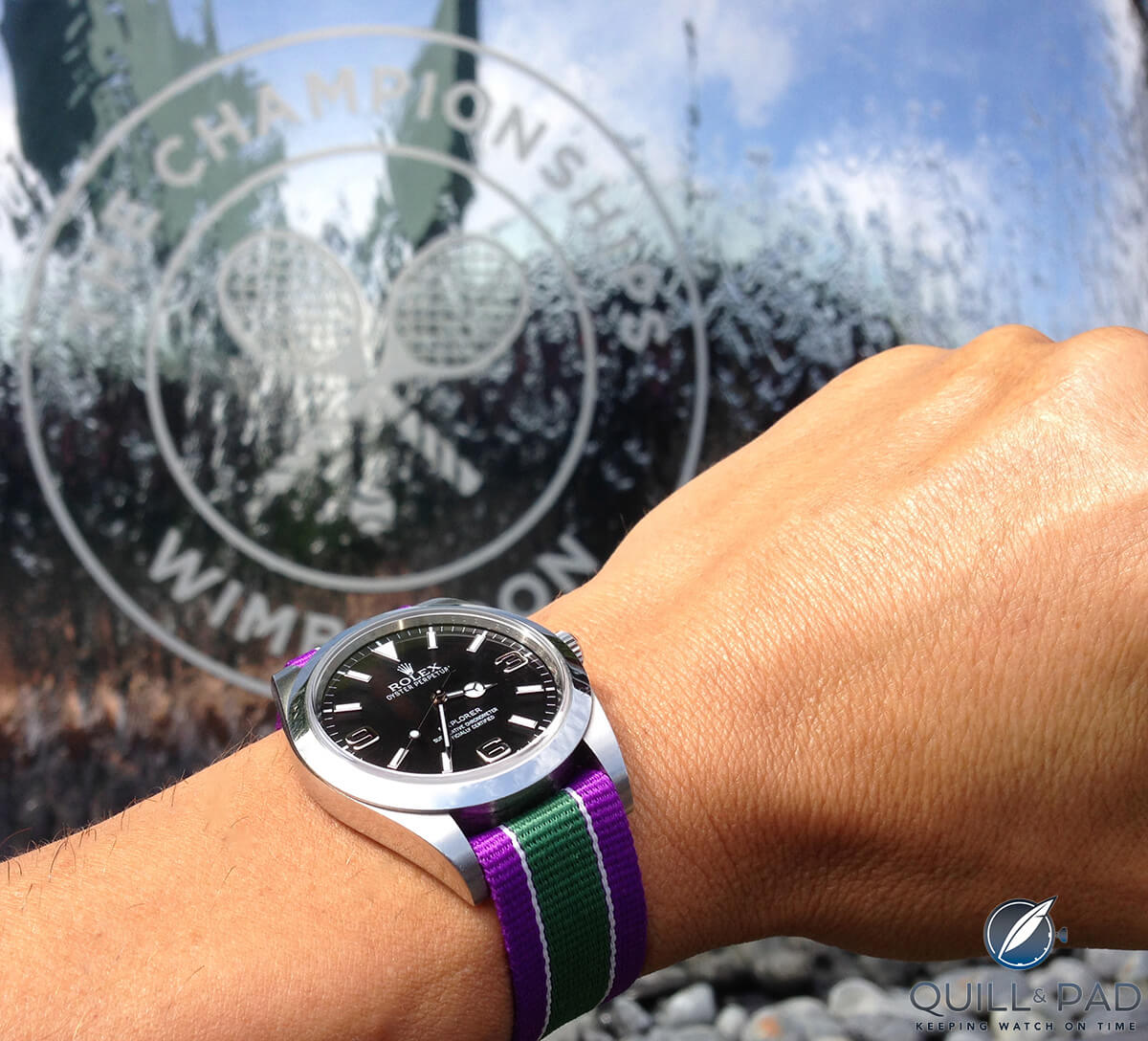 The 39 mm Rolex Oyster Perpetual Explorer on Wimbledon-colored Nato strap at Wimbledon (photo courtesy Miguel Seabra)