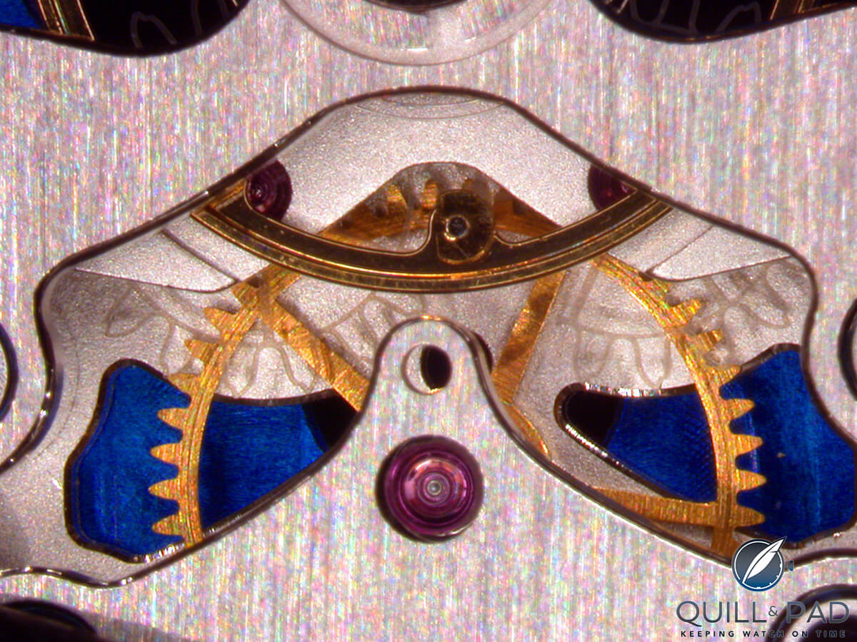 You can just barely make out the outline of the two all-diamond gear wheels in this Ulysse Nardin movement
