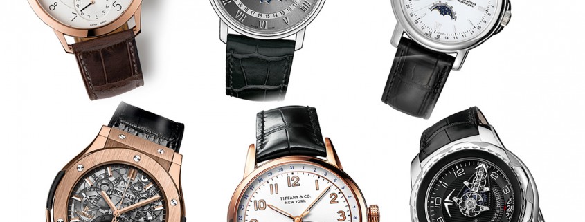 Calendar watches pre-selected for the 2015 GPHG. Clockwise from top left: Hermès Slim d'Hermès QP, Blancpain Villeret, Quantième Complet, Claude Meylan Full Calendar, Ulysse Nardin FreakLab, Tiffany & Co CT60 Annual Calendar, and Hublot Classic Fusion Aeromoon