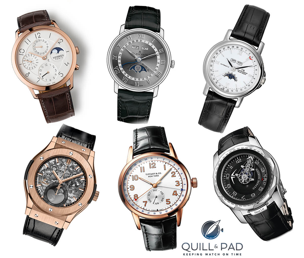 Calendar watches pre-selected for the 2015 GPHG shown clockwise from top left: Hermès Slim d'Hermès QP, Blancpain Villeret Quantième Complet, Claude Meylan Full Calendar, Ulysse Nardin FreakLab, Tiffany & Co CT60 Annual Calendar, and Hublot Classic Fusion Aeromoon
