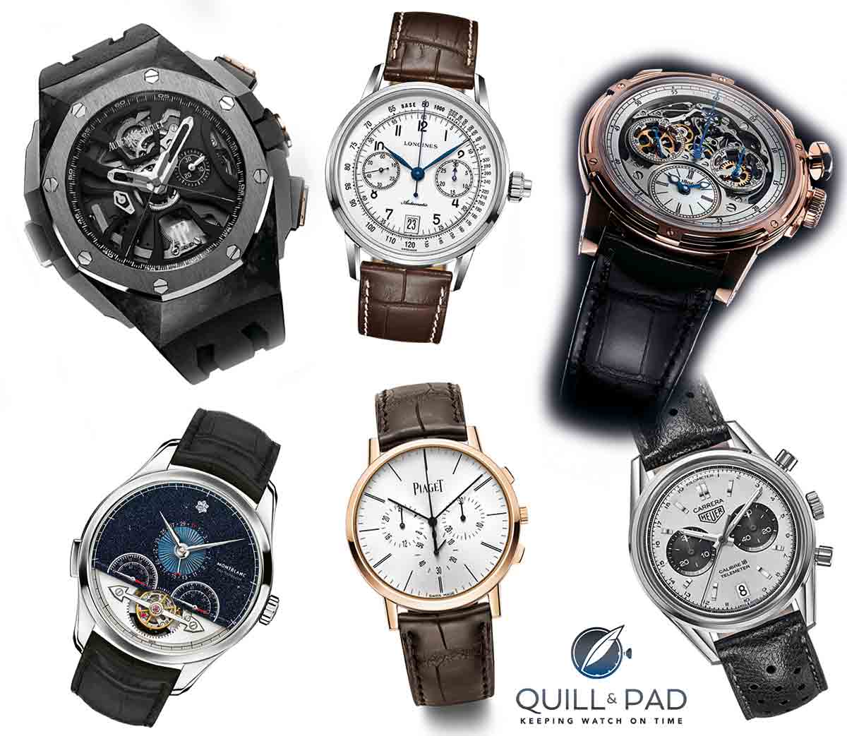 Chronograph watches pre-selected for the 2015 GPHG are shown clockwise from top left: Audemars Piguet Royal Oak Concept Laptimer Michael Schumacher, Longines The Longines Column-Wheel Single Push-Piece Chronograph, Louis Moinet Memoris, Tag Heuer Carrera Calibre 18 Chronograph, Piaget Altiplano Chrono, and Montblanc Heritage Chronométrie ExoTourbillon Minute Chronograph Vasco da Gama