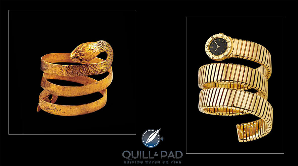 Left: Gold snake bracelet from Pompeii dating to the first century (photo courtesy De Agostini/Getty Images) Right: Bulgari-Bulgari gold Tubogas watch-bracelet, circa 1980. The black dial has gold hands, gold baton-shaped indexes, and Arabic numerals in the six and twelve o’clock positions (photo courtesy Antonio Barrella, Studio Orizzonte, Rome/© The Bulgari Heritage Collection)