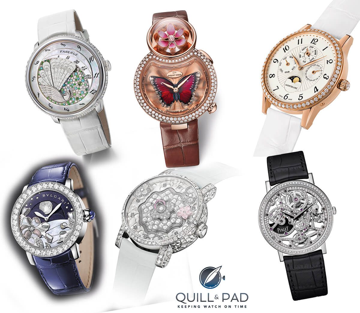 High Mech Ladies watches pre-selected for the 2015 GPHG shown clockwise from top left: Fabergé Lady Compliquée Peacock, Jaquet Droz Lady 8 Flower, Montblanc Bohème Perpetual Calendar Jewellery, Piaget Altiplano 1200S, Chaumet Hortensia Creative Complication, and Bulgari Il Giardino Notturno