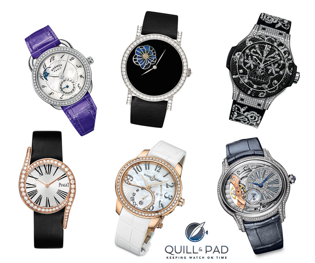 Ladies' watches pre-selected for the 2015 GPHG clockwise from top left: Hermès Arceau Petite Lune, DeLaneau Rondo 42 Peony, Hublot Big Bang Broderie, Audemars Piguet Millenary, Ulysse Nardin Jade, and Piaget Limelight Gala