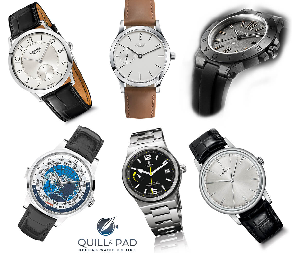Petite Aiguille watches pre-selected for the 2015 GPHG shown clockwise from top left: Hermès Slim d'Hermès, Habring2 Felix, Bulgari Diagono Magnesium, Zenith Elite 6150, Tudor North Flag, and Montblanc Heritage Spirit Orbis Terrarum