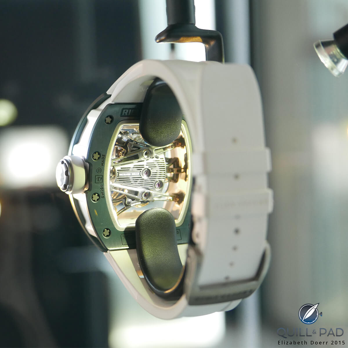 The RM38-01 Tourbillon G-Sensor Bubba Watson with its gorgeous green bezel against the white ceramic case seems to float on air in a display case at the new Richard Mille Paris boutique