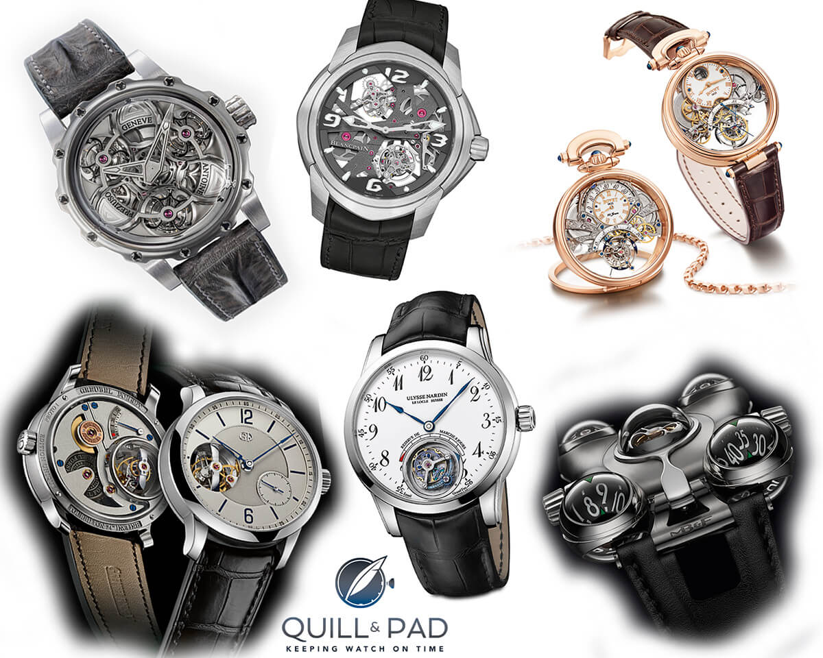 Tourbillon watches pre-selected for the 2015 GPHG clockwise from top left: Antoine Preziuso Tourbillon of Tourbillons, Blancpain L-evolution C Tourbillon Carrousel, Bovet 1822 Braveheart, MB&F Horological Machine N° 6, Ulysse Nardin Ulysse Anchor Tourbillon, and Greubel Forsey Tourbillon 24 Secondes Vision