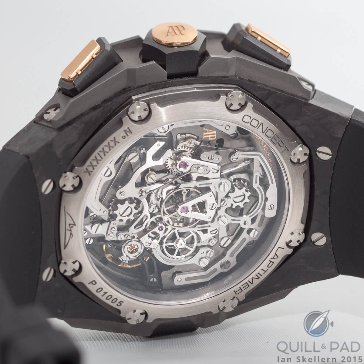 View through the display back to the beautiful chronograph mechanism of the Audemars Piguet Royal Oak Concept Laptimer Michael Schumacher