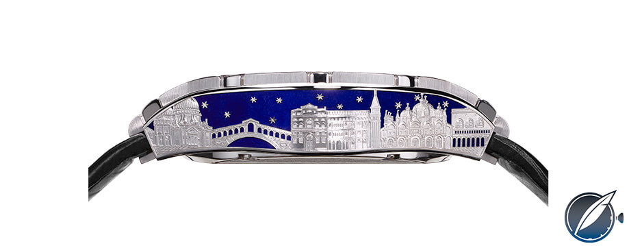 The ornate case band of the Piaget Polo Tourbillon Relatif
