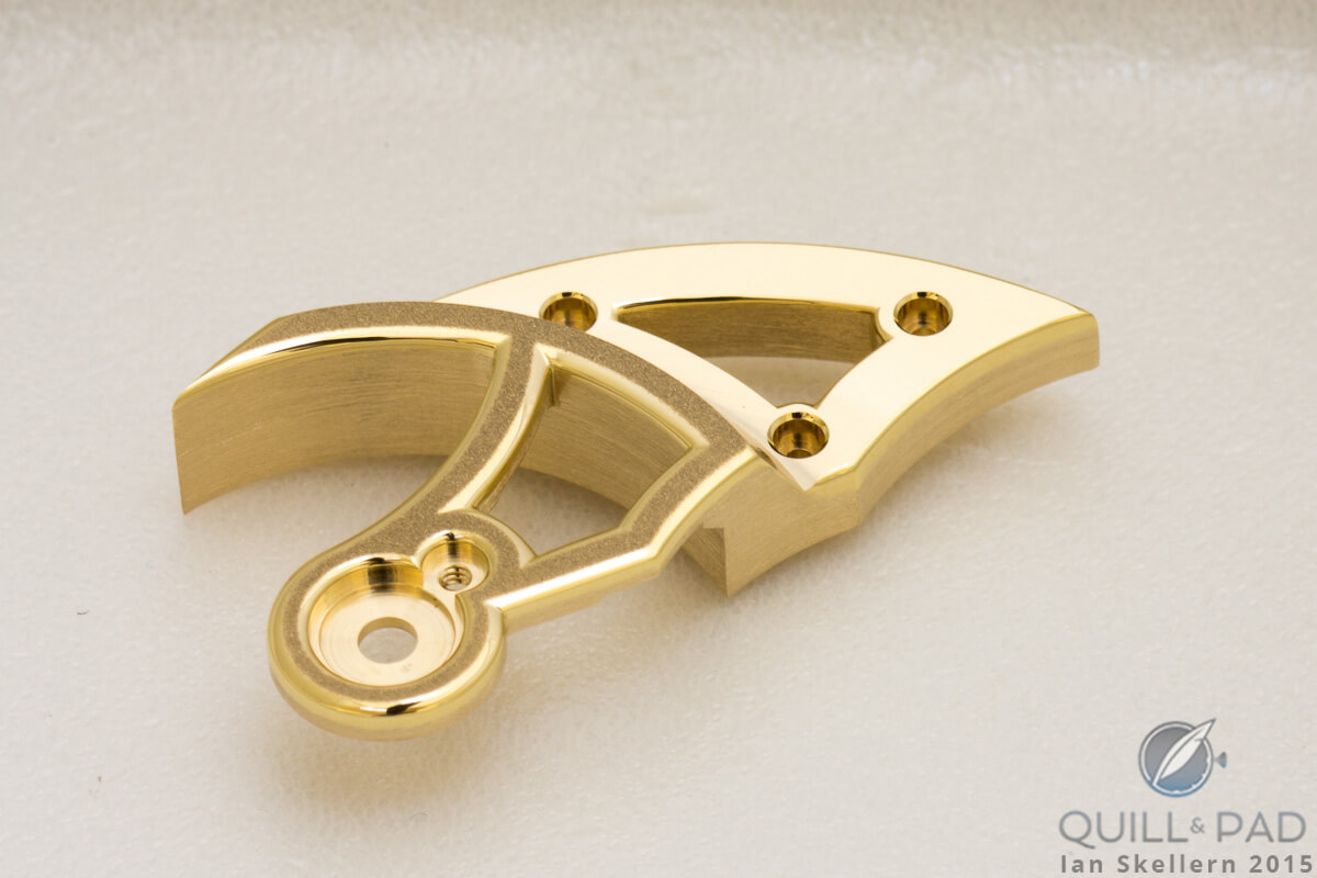 This bridge supporting the mainspring barrel is normally visible through the display back of the Romain Gauthier Logical One