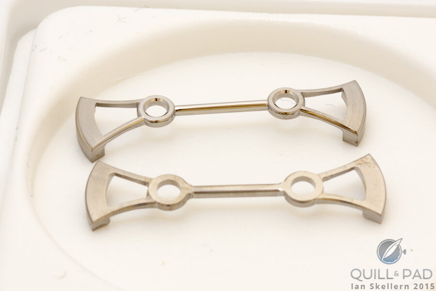 Titanium upper constant force bridges of the Romain Gauthier Logical One: raw from the machine (bottom) and after four days of hand-finishing (top)