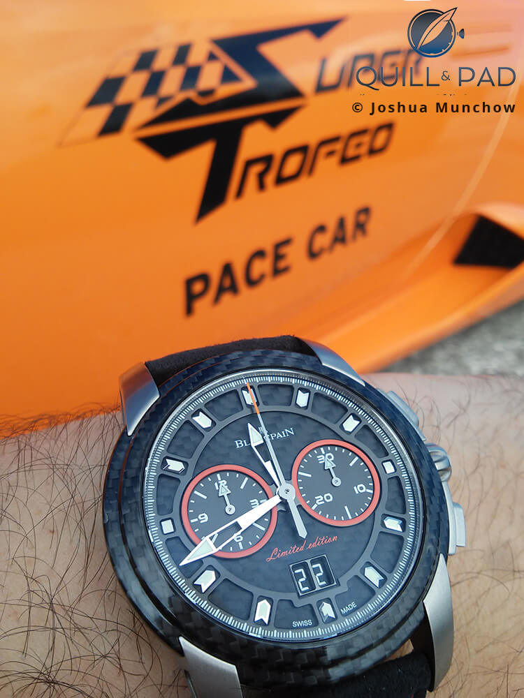 The limited edition Blancpain L-evolution R Chronograph Flyback Grand Date and the Super Trofeo’s pace car