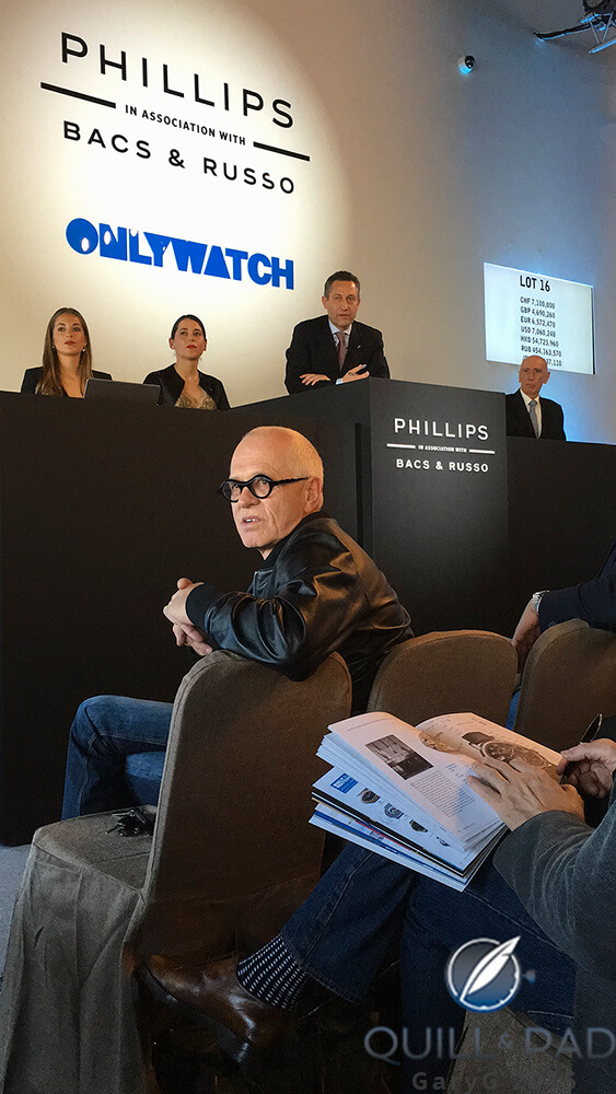 Visible tension: all eyes on the phone banks (including Aurel Bacs on the podium and Vacheron Constantin's Dominique Bernaz in the first row) as two final bidders call in their bids