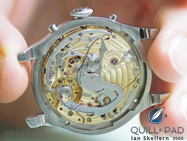 François-Paul Journe holding the nearly completed first prototype of the Sonnerie Souveraine