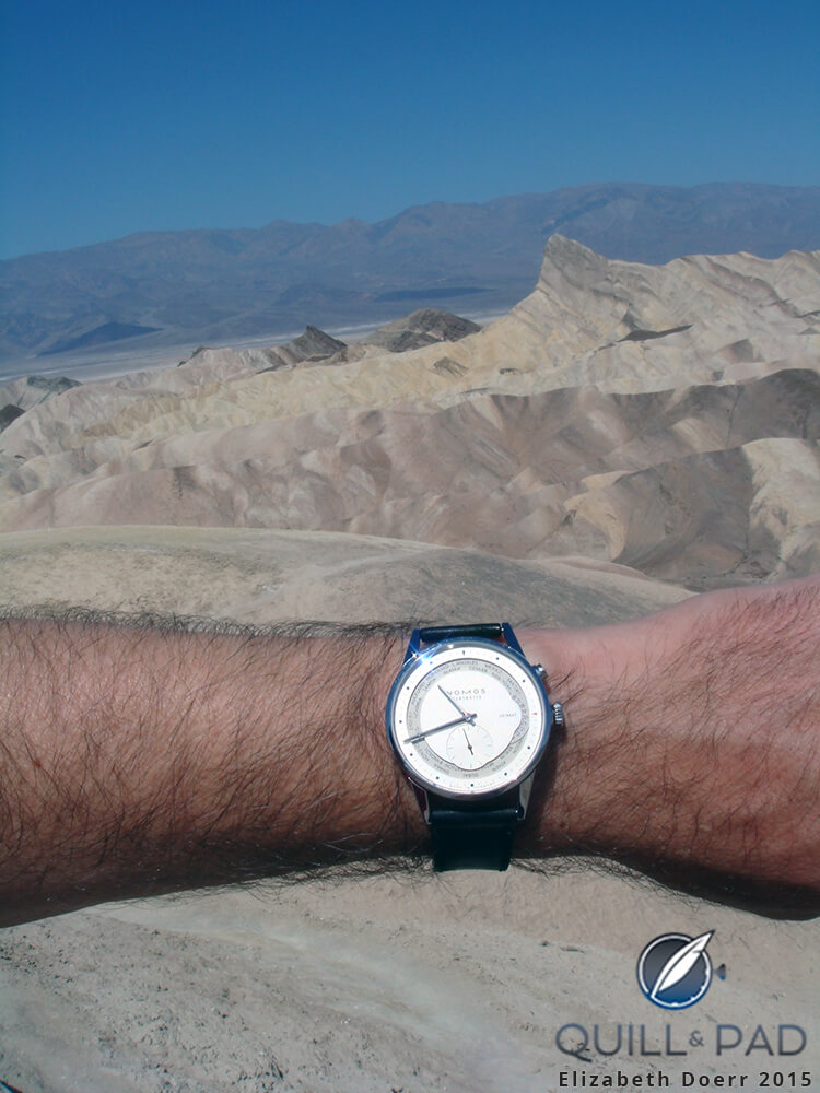 Nomos Glashütte Zürich Weltzeit pictured at 48°C (118° F) in Death Valley, USA