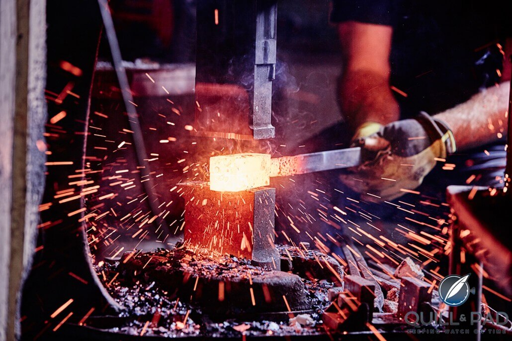 Johan Gustafsson hand-forges steel with the help of an air hammer in his Swedish smithy (photo Björn Dahlgren)