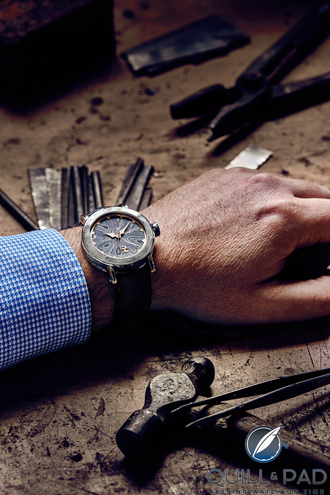 A wristshot of the GoS Winter Nights against the backdrop of Johan Gustafsson’s assembly bench (photo courtesy Björn Dahlgren)