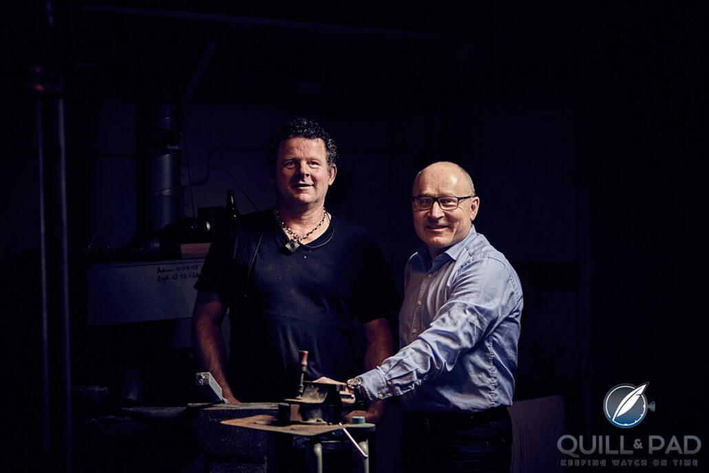 Johan Gustafsson and Patrik Sjögren (GoS) in the blade smith’s Swedish smithy