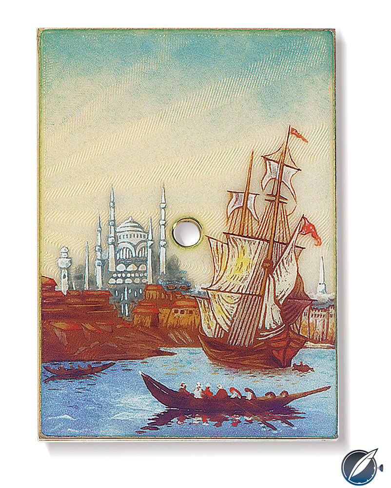 An enamel dial from the Jaeger-LeCoultre Reverso á Éclipse “Travel and Discovery” set