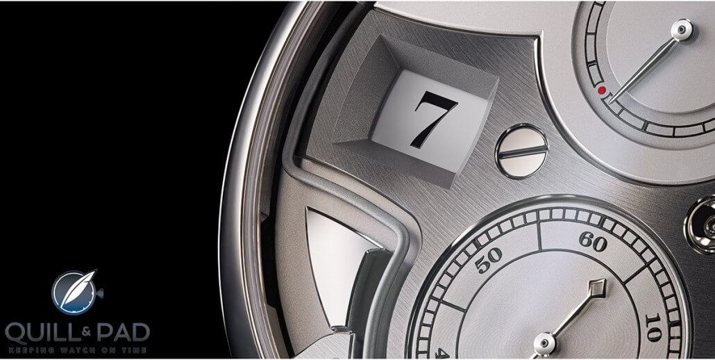 A close look at the digital hours aperture of the A. Lange & Söhne Zeitwerk Minute Repeater with the sharply angled gong winding around below