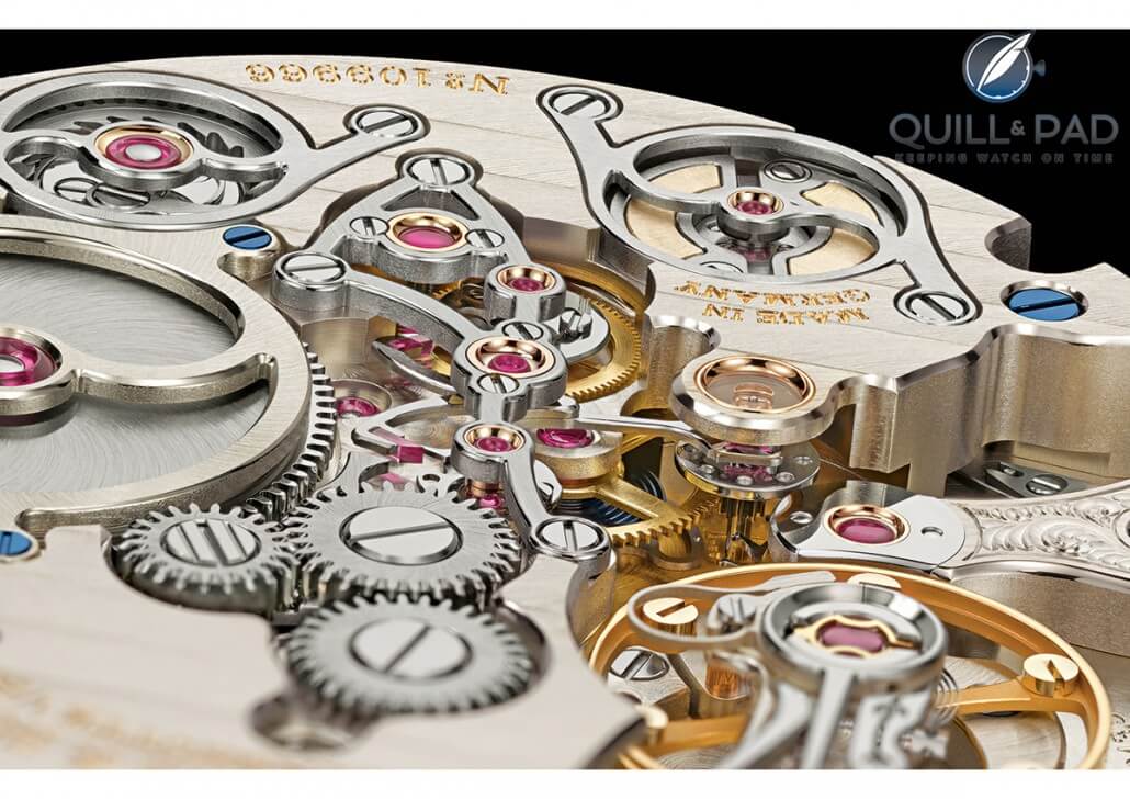You could gaze for hours at the impeccably finished three-dimensionality of the movement powering the A. Lange & Söhne Zeitwerk Minute Repeater
