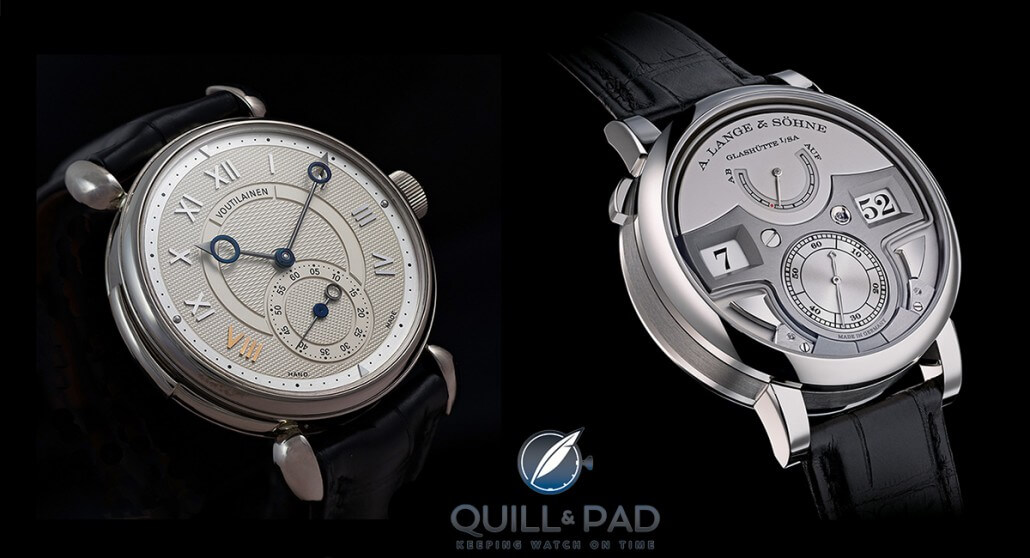 Two great decimal repeaters: the Kari Voutilainen Masterpiece 8 (left) and the A. Lange & Söhne Zeitwerk Minute Repeater