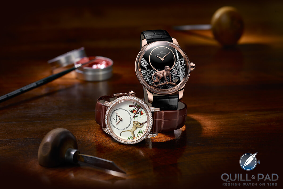 Jaquet Droz Petite Heure Minute 35 mm Monkey (on the left) and Petite Heure Minute Relief Monkey