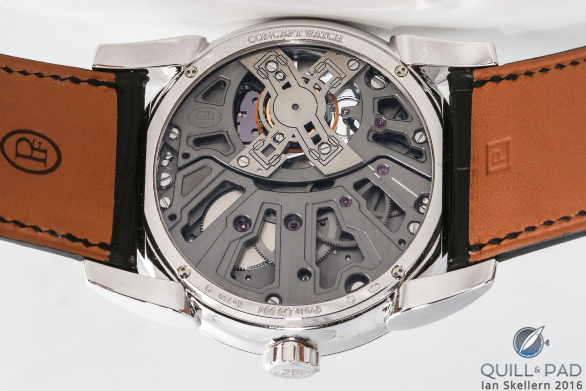 View through the display back of the Parmigiani Senfine concept watch