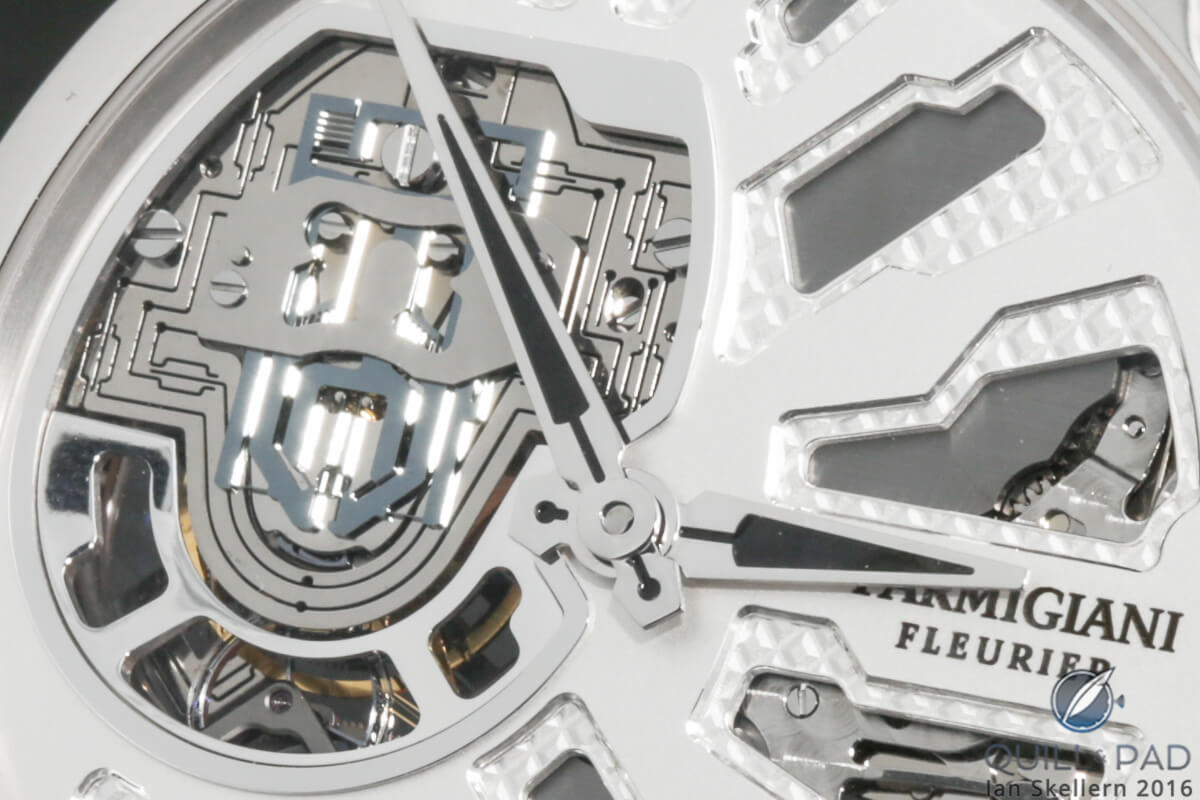 Close look at the intriguing circuit-board-like, ultra high-beat regulator of the Parmigiani Senfine concept watch