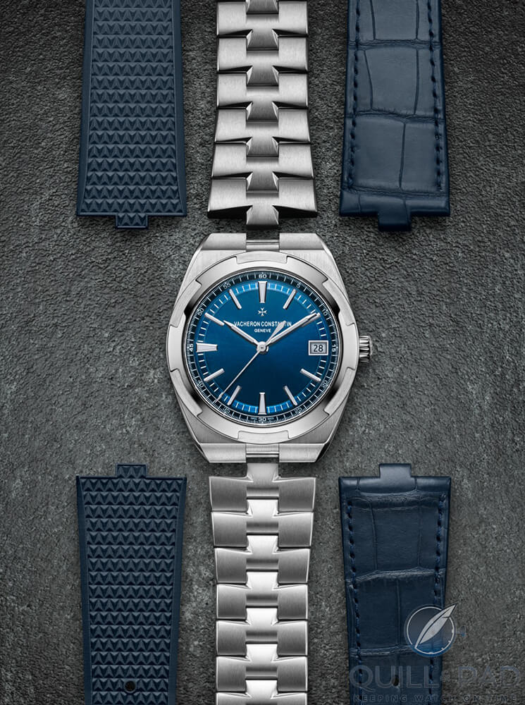 Rubber (left), metal, and leather straps are all easily interchangeable on Vacheron Constantin's 2016 Overseas collection