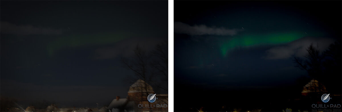 These two photos began the same: If the eye sees any hint of color as in the left image, then a long exposure photo, a little Photoshop and voilà, a glowing aurora