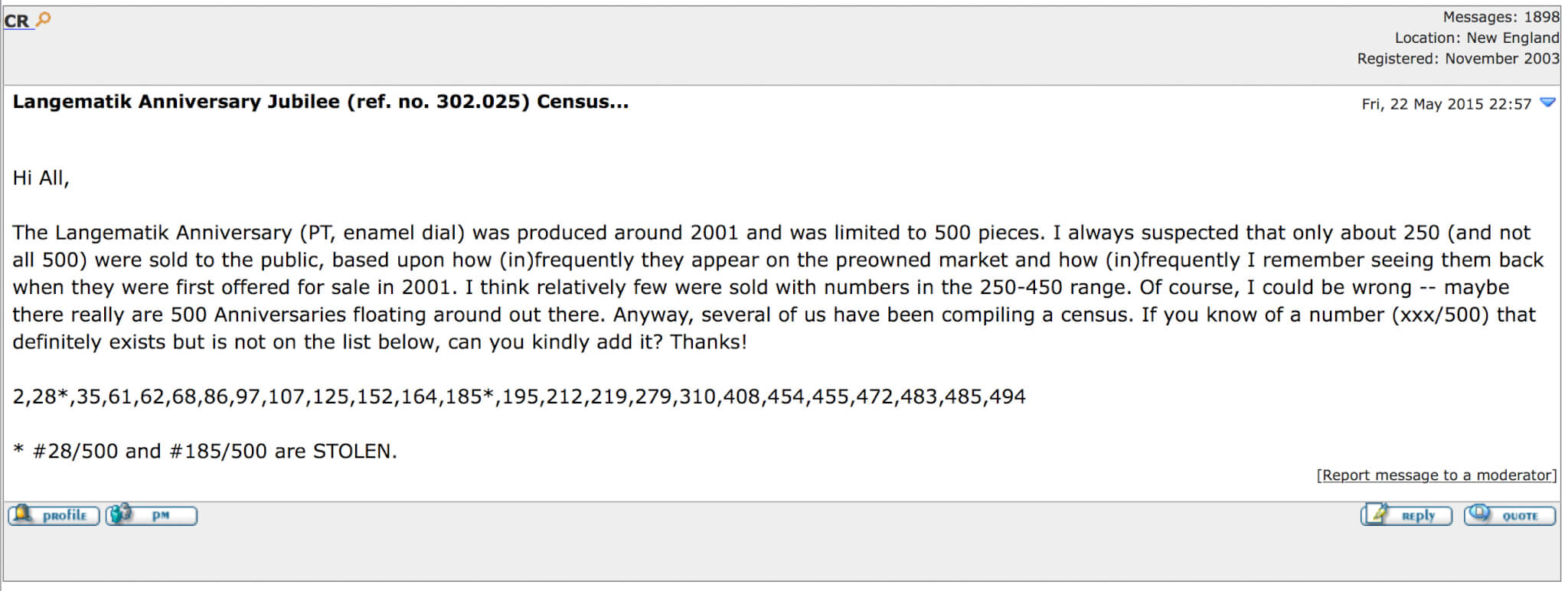 Registry Information posted by A. Lange & Söhne registry keeper “CR” on www.timezone.com identifying the stolen watch