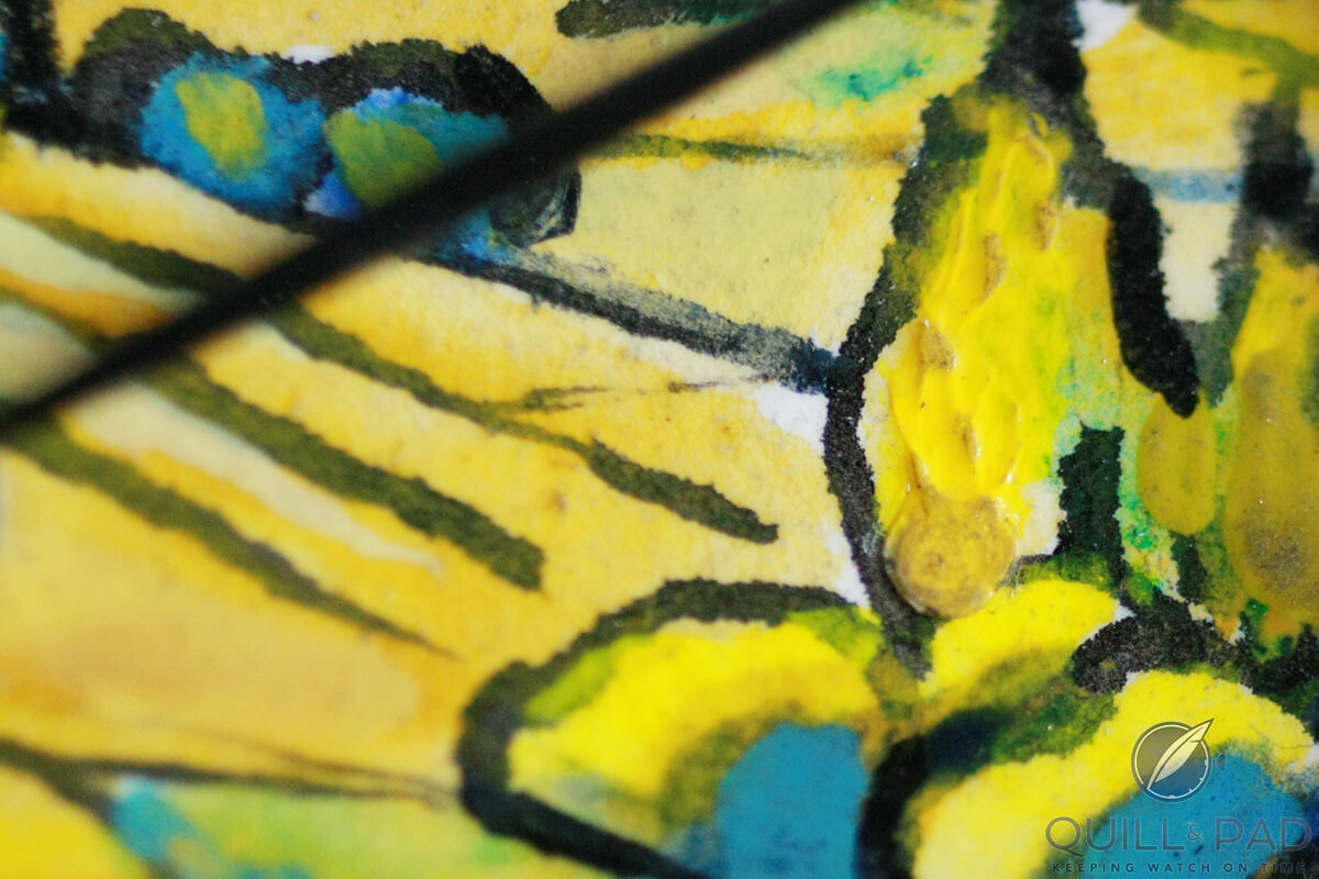 Close up look at the real oil painting on the dial of the Benzinger By Zanella