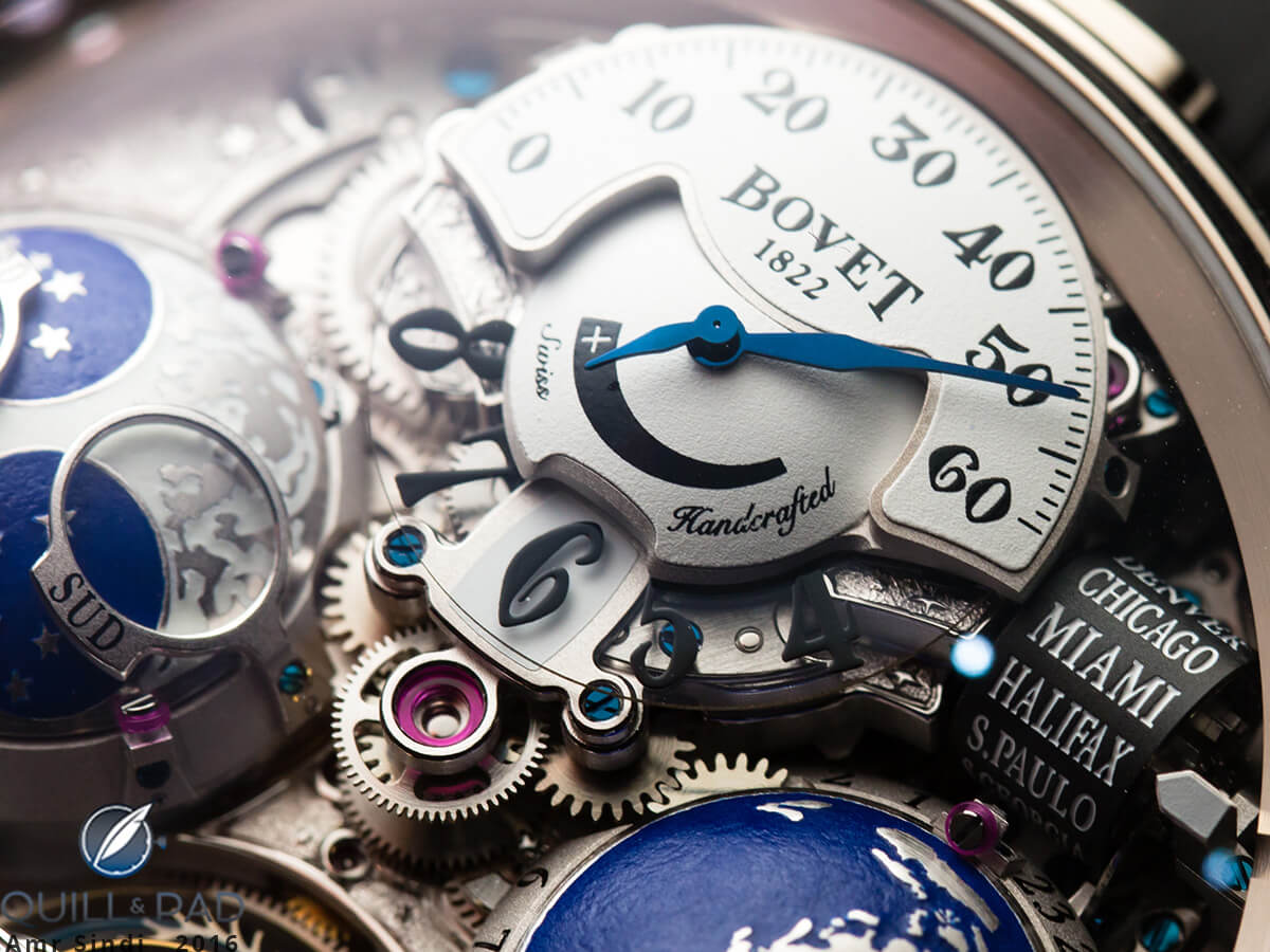 The jumping hour indication fits neatly into the power reserve display on the Bovet Récital 18 Shooting Star