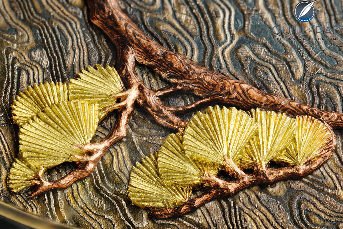 Close up look at the sculptured branches and leaves on the dial of Kees Engelbarts' Tsuba