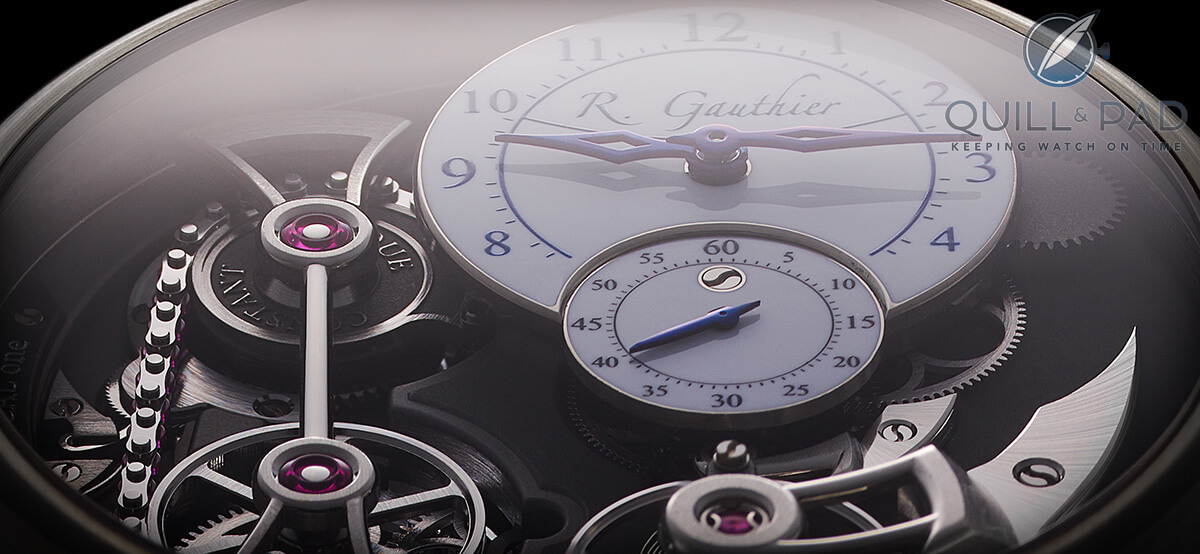 A close look at the white fired-enamel dials on this Romain Gauthier Logical One in natural titanium