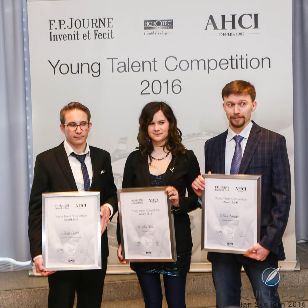 The AHCI Young Talent Competition 2016 winners (L-R): Tristan Ledard, France, for clock displaying a linear equation of time; Anna-Rose Kirk, England for her Horizon Clock, and Anton Sukhanov from Russia for his Triple-Axis Tourbillon clock
