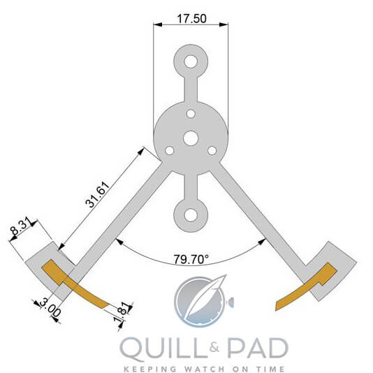 Gato's escapement anchor is in stainless steel with tungsten carbide pallets