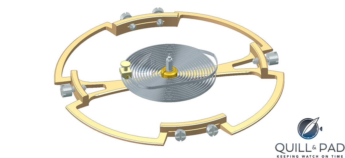 In-house 12.6 mm balance of the Greubel Forsey Signature 1 – note the long slots through the screw holes to ensure that the screws impart no tension or possible distortion in the wheelthe metal