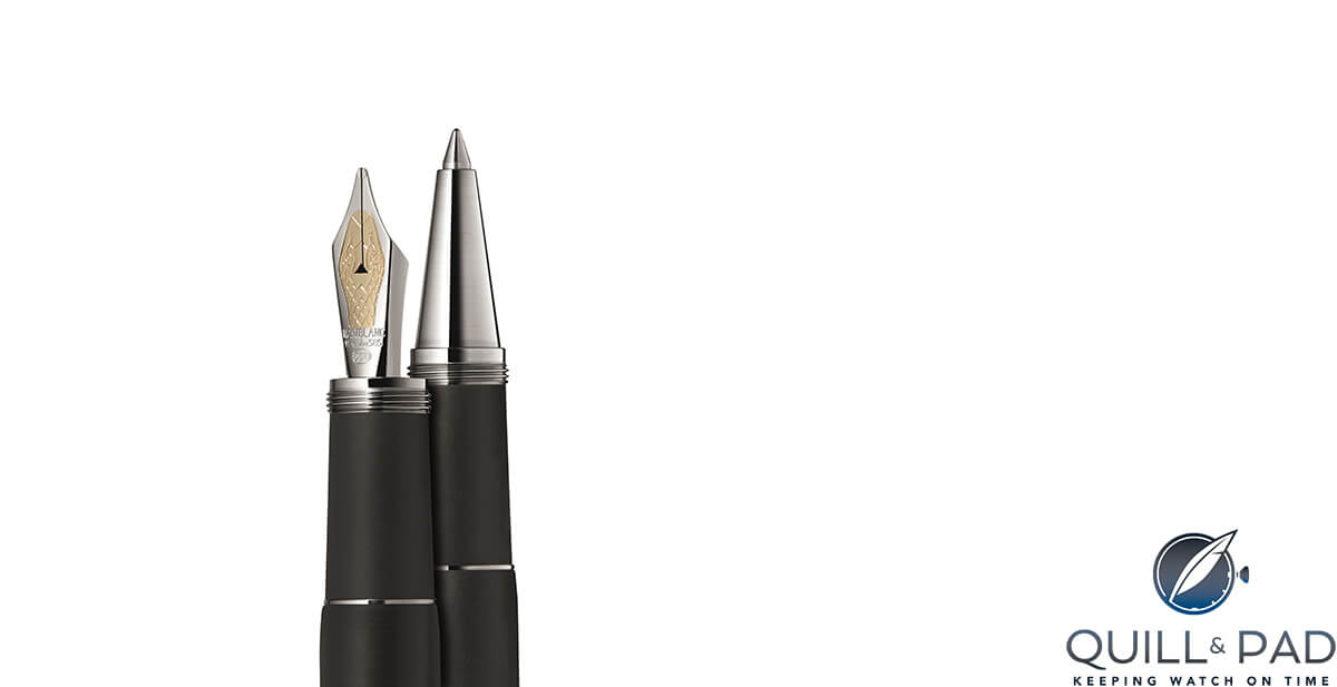 The tips of the 14-karat gold fountain pen nib and rollerball of Montblanc's Rouge & Noir