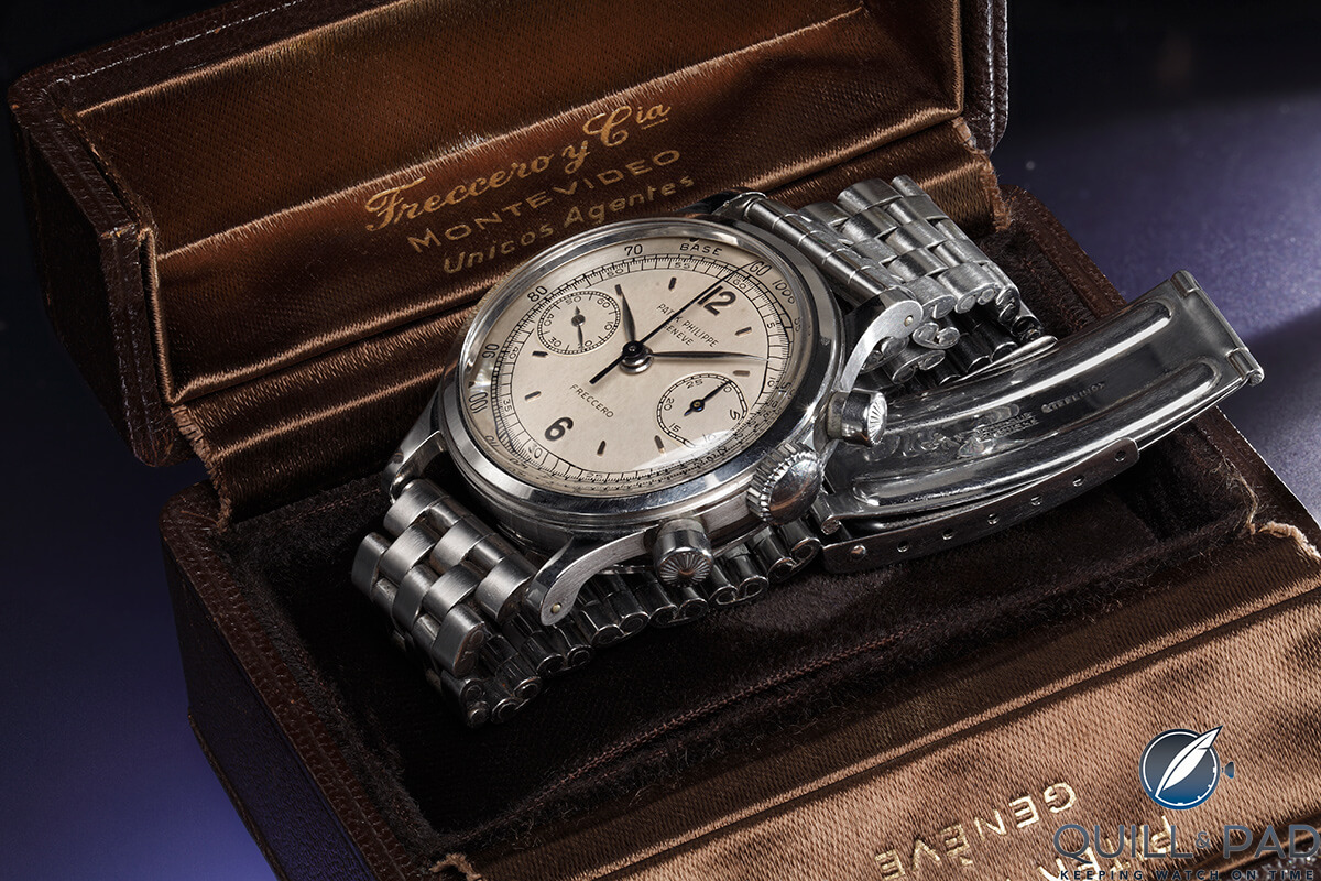 Lot 17 in the Phillips Stop-Start-Reset auction of May 2016: Patek Philippe Reference 1463, co-signed by Uruguayan retailer Freccero