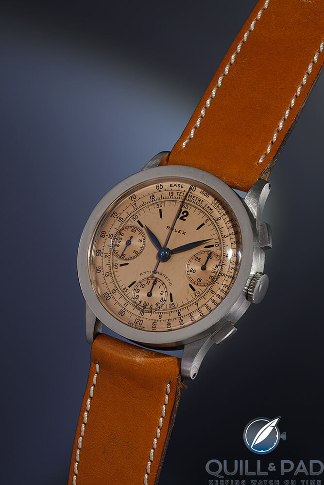 This salmon-dialed Rolex Reference 3330 is Lot 74 in the Phillips Start-Stop-Reset auction of May 2016